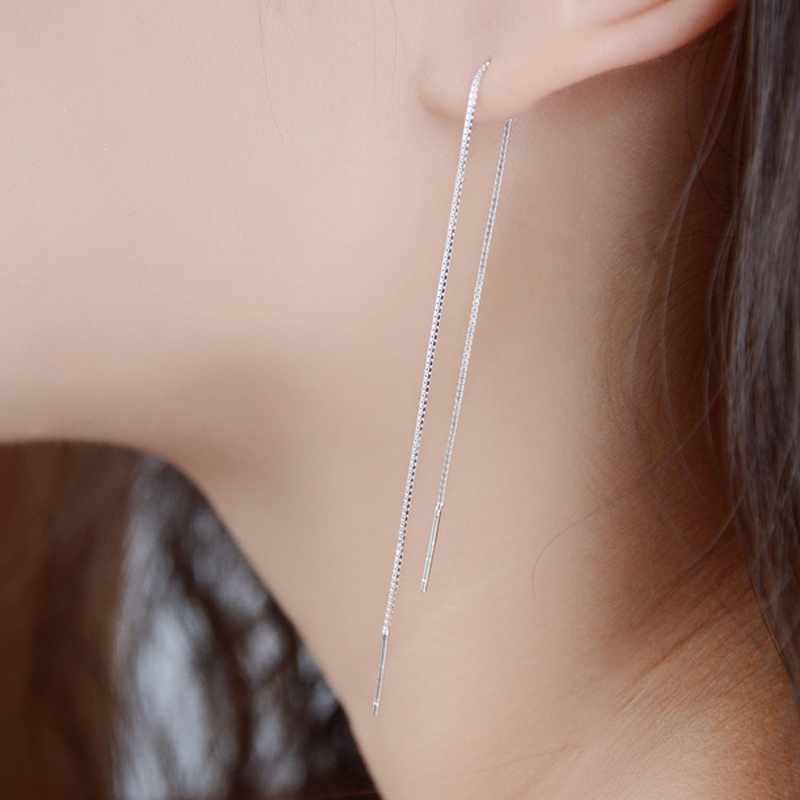 Silver Thread Earrings 925 Sterling Long Chain Earrings Minimalist Style