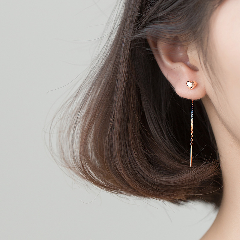 E01 925 Sterling Silver Long Chain Dangle Heart Earring