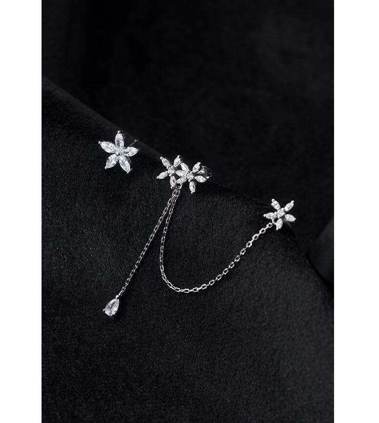 Asymmetry Stud Earrings 925 Sterling Silver Long Chain Clip Earring