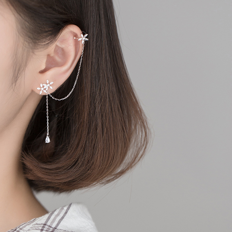 Asymmetry Stud Earrings 925 Sterling Silver Long Chain Clip Earring