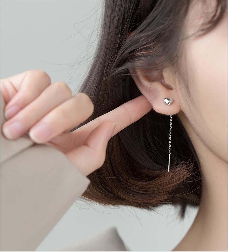 E01 925 Sterling Silver Long Chain Dangle Heart Earring