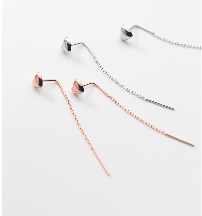 E01 925 Sterling Silver Long Chain Dangle Heart Earring