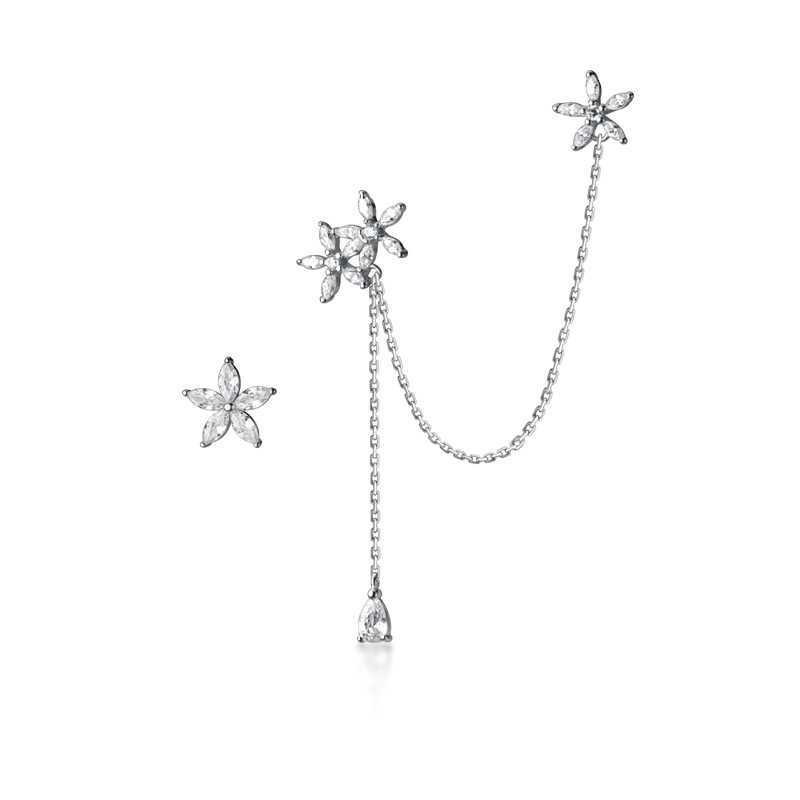 Asymmetry Stud Earrings 925 Sterling Silver Long Chain Clip Earring