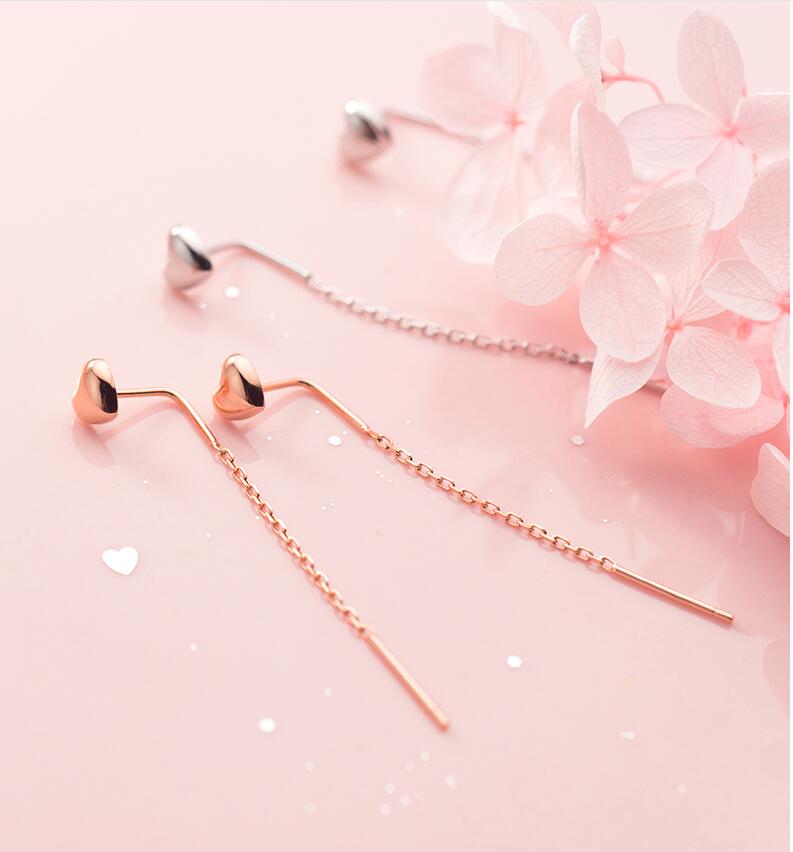 E01 925 Sterling Silver Long Chain Dangle Heart Earring