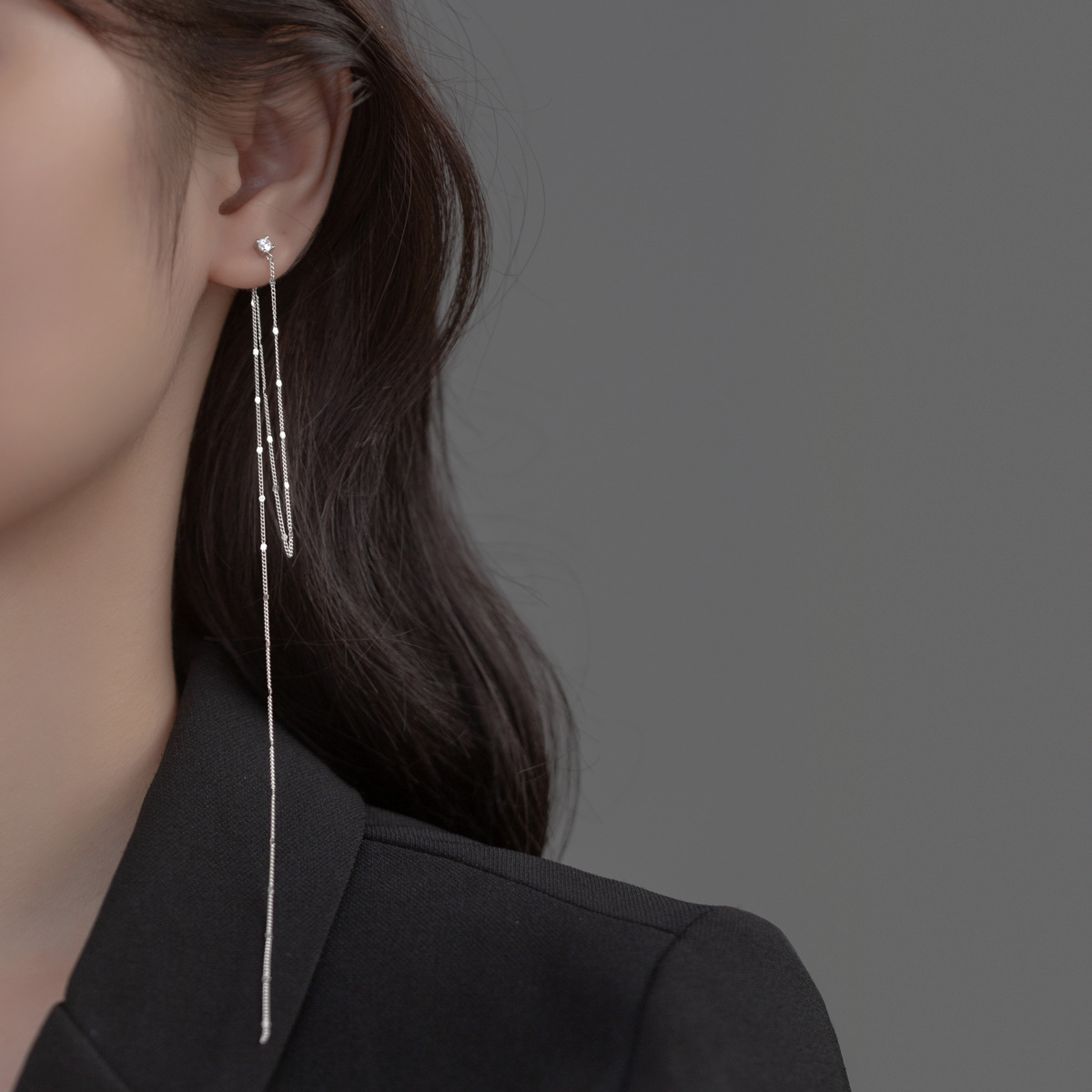 Asymmetric 925 Sterling Silver Long Chain Dangle Earrings with Zircon