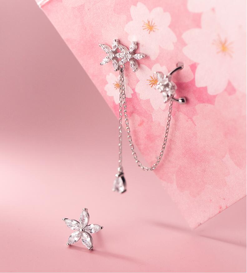 Asymmetry Stud Earrings 925 Sterling Silver Long Chain Clip Earring