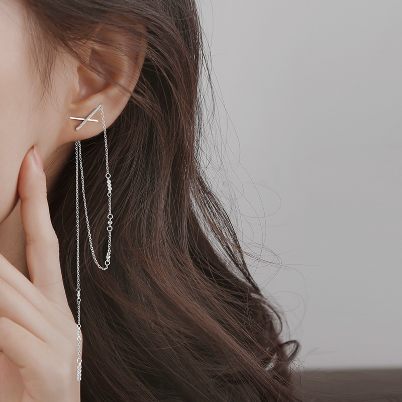 925 Sterling Silver Long Chain Earrings with Zircon
