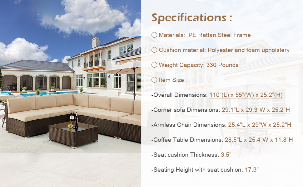 UMAX 7 Piece Outdoor Patio Furniture Set, PE Rattan Wicker Sofa Set,