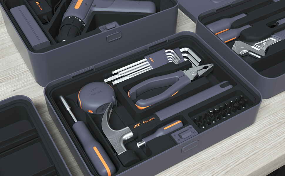 JIMIHOME Home Repair Tool Kit Set of 97 Pieces with Cordless Power Drill X Tray Set-ABCD