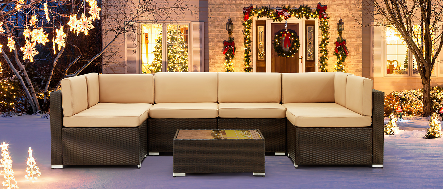 UMAX 7 Piece Outdoor Patio Furniture Set, PE Rattan Wicker Sofa Set,