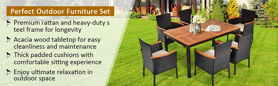 7 Piece Rattan Patio Dining Set with Acacia Wood Table & Stackable Wicker Chairs