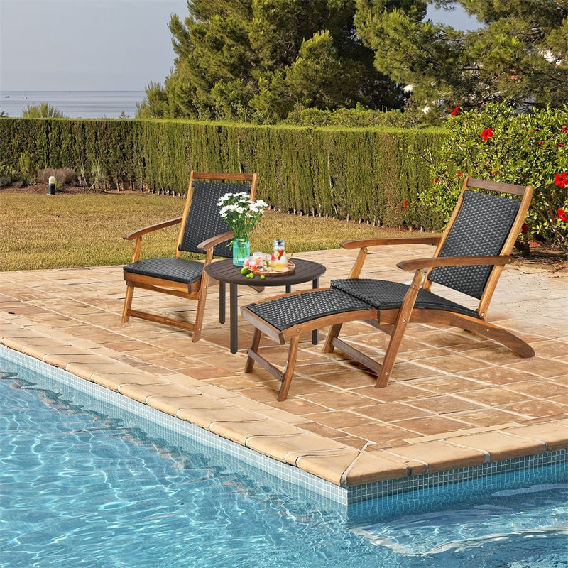 Acacia Wood Folding Wicker Patio Chaise Lounge Chair with Retractable Footrest