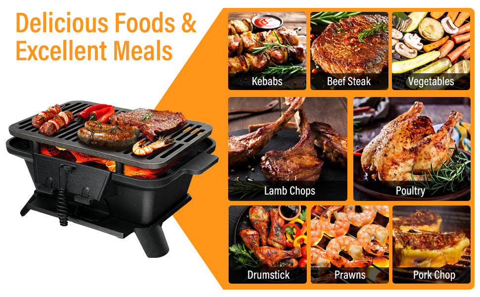 Portable Cast Iron Charcoal Grill with Double-sided Grilling Net for Camping Picnic