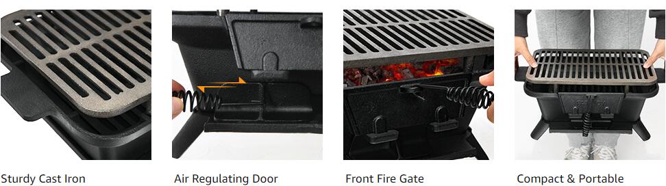 Portable Cast Iron Charcoal Grill with Double-sided Grilling Net for Camping Picnic