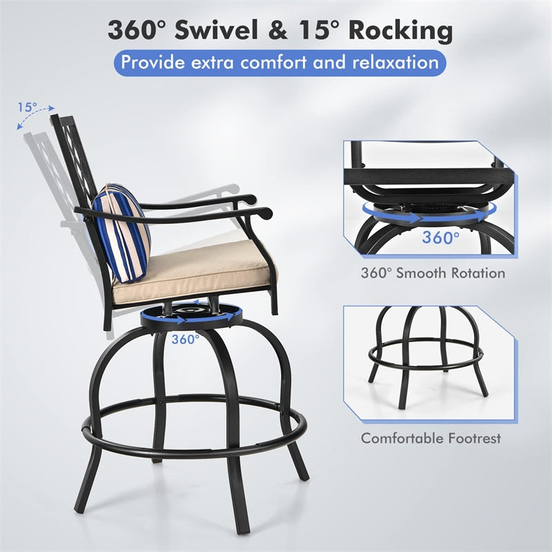 Set of 2 Patio Swivel Bar Stools Outdoor Bar Height Chairs with Soft Cushions & Steel Frame