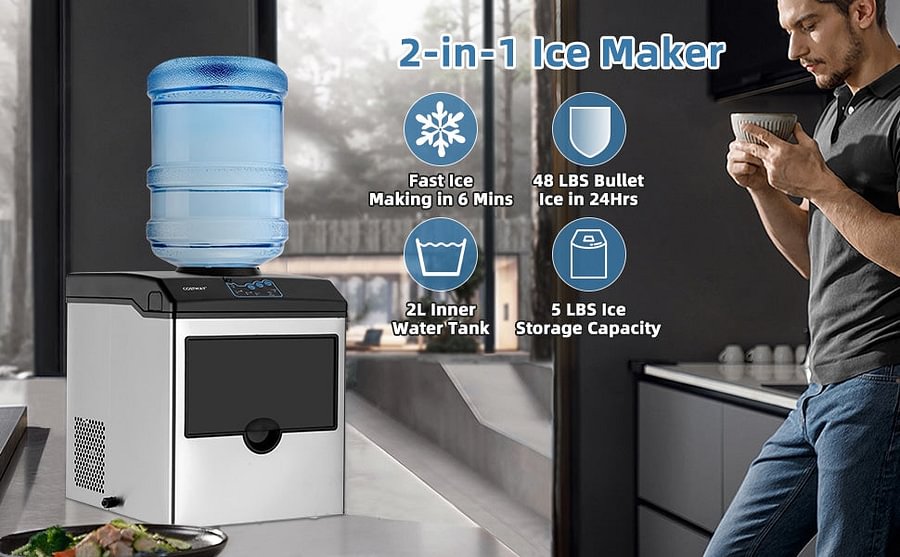 48LBS/24H 2-in-1 Stainless Steel Countertop Ice Maker Built-in Water Dispenser with Chilled Water Spout