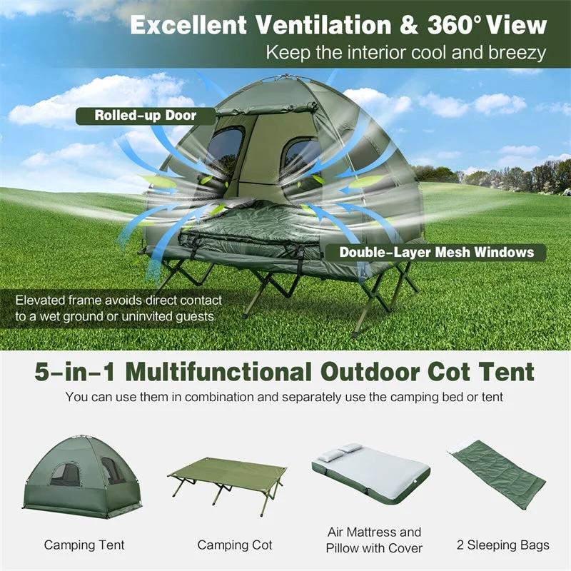 2-Person Outdoor Camping Tent Cot Folding Tent Cot Combo with Air Mattress Sleeping Bag & Sunshade