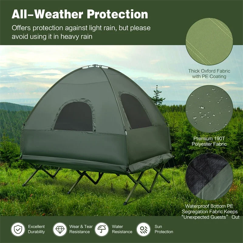 2-Person Outdoor Camping Tent Cot Folding Tent Cot Combo with Air Mattress Sleeping Bag & Sunshade