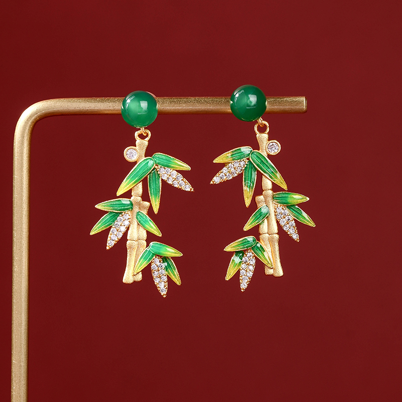Enameled bamboo leaf earrings
