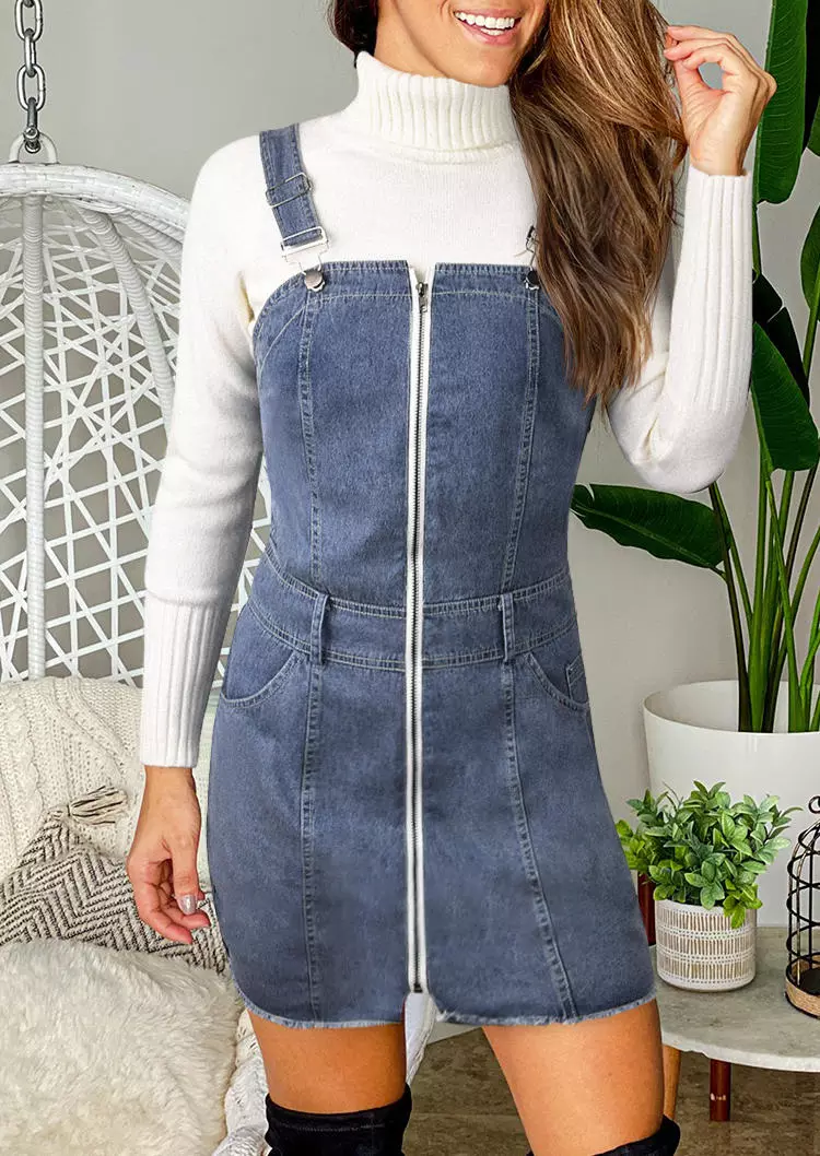 Pocket Zipper Overall Denim Mini Dress - Blue