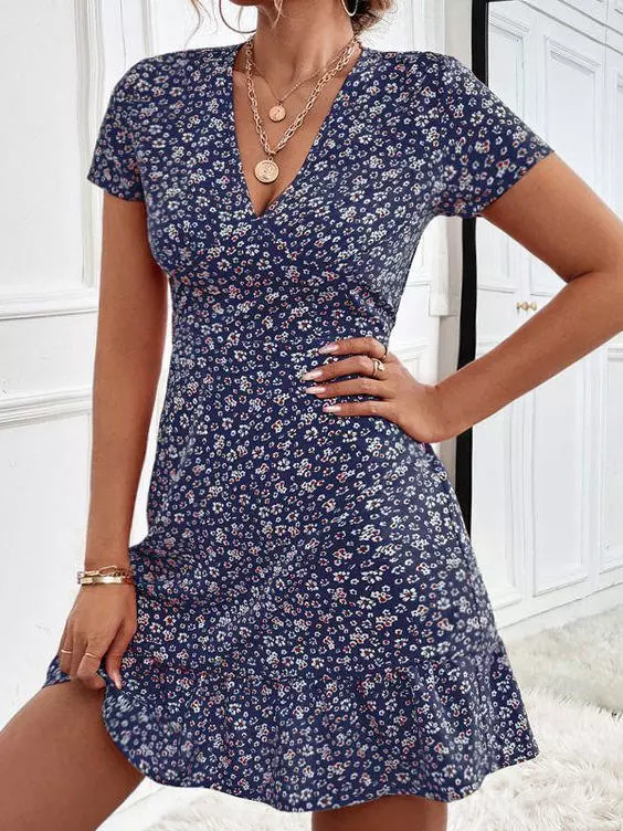 Ditsy Floral Ruffled V-Neck Mini Dress - Blue