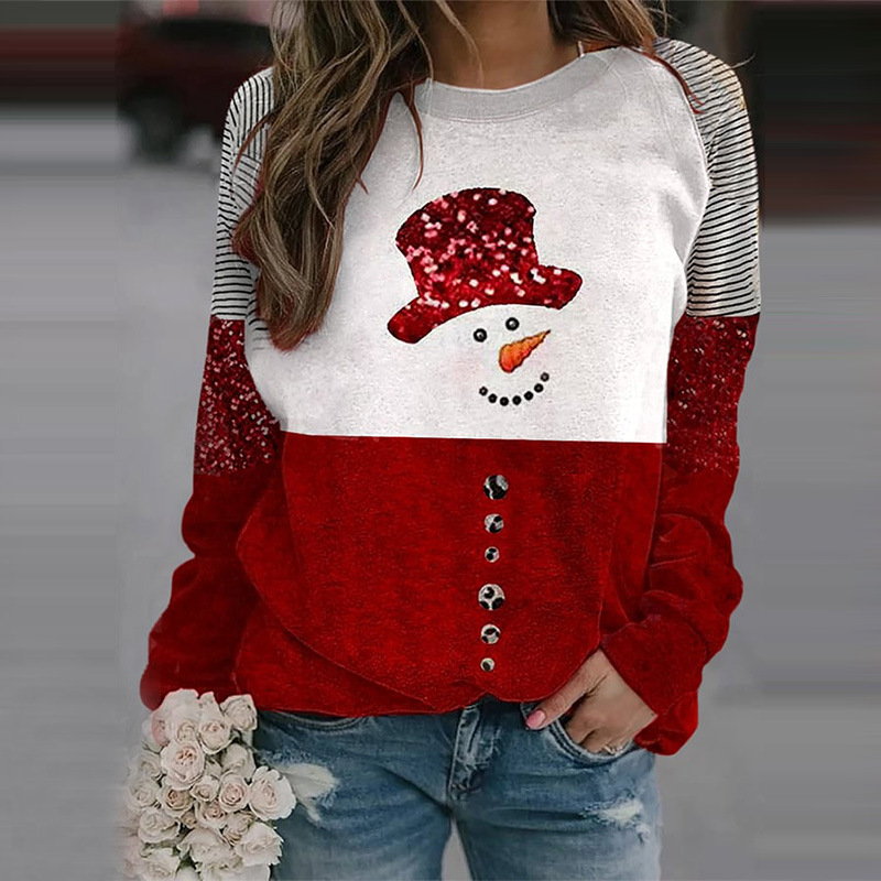 Snowman Sequined Striped T-Shirt Tee - Red