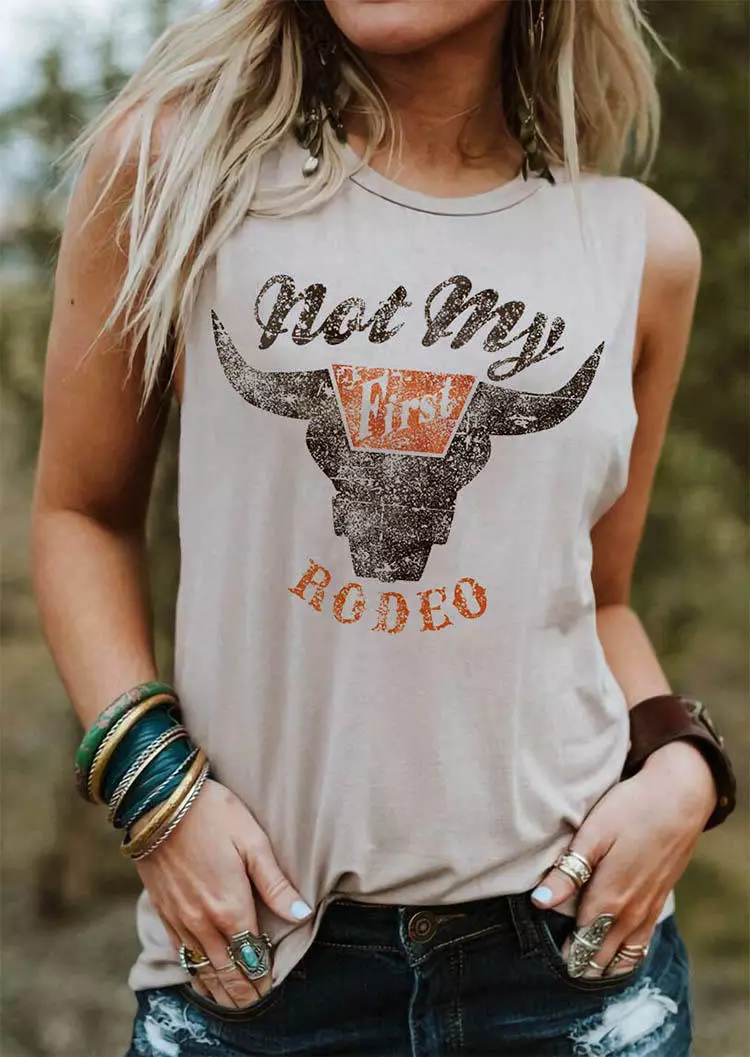 Not My First Rodeo Steer Skull O-Neck Tank - Apricot