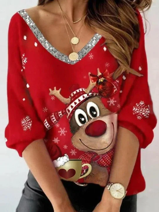 Christmas Shift Long Sleeve V Neck Blouses