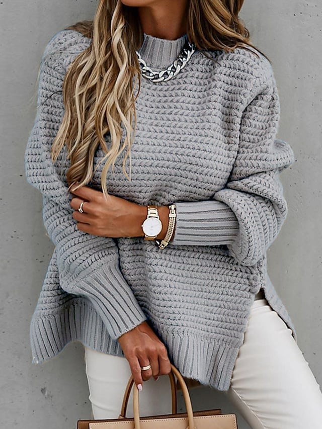 Women's Pullover Jumper Split Knitted Long Sleeve Sweater 