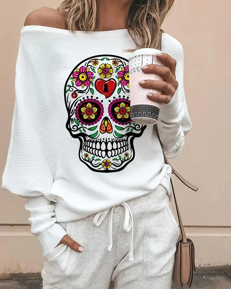 Halloween Skull Print Long Sleeve Casual Sweatshirt