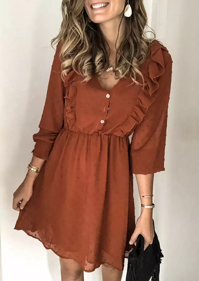 Ruffled Button Elastic Cuff Mini Dress - Brown