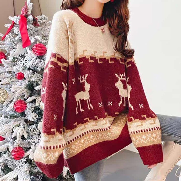 Christmas Reindeer Pattern Colorblock Round Collar Sweater