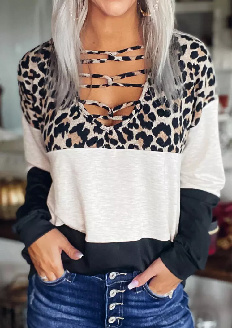 Leopard Color Block Criss-Cross Long Sleeve Blouse