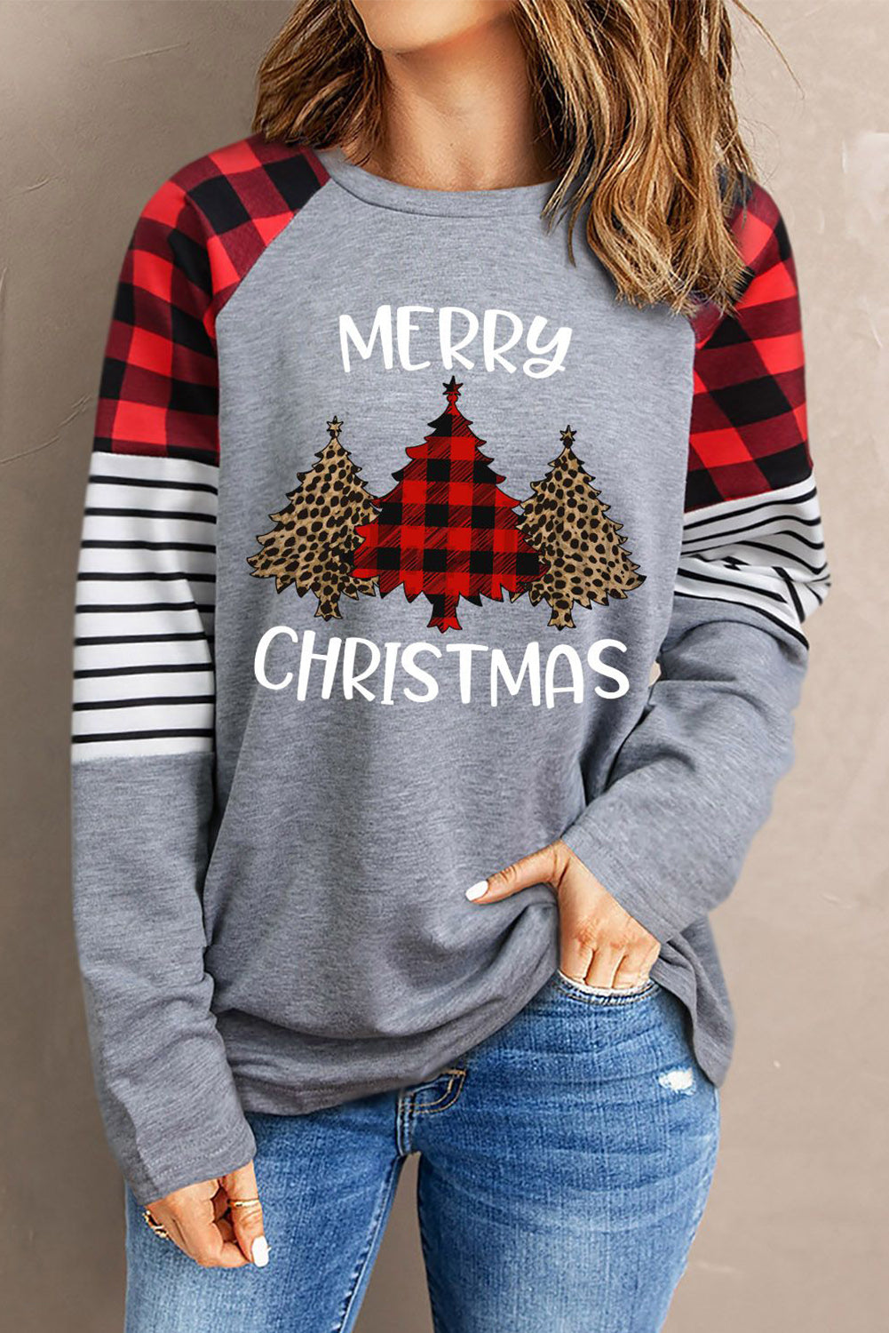 Christmas Tree Striped Plaid Round Neck Casual Tops