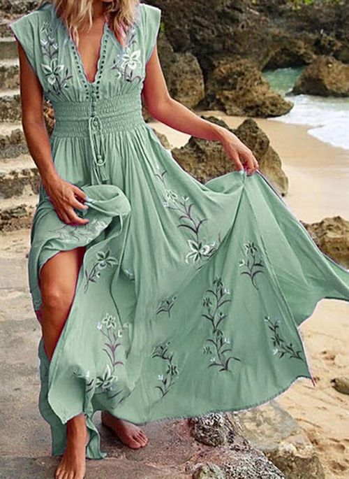 Floral V-Neckline Cap Sleeve Maxi X-Line Dress
