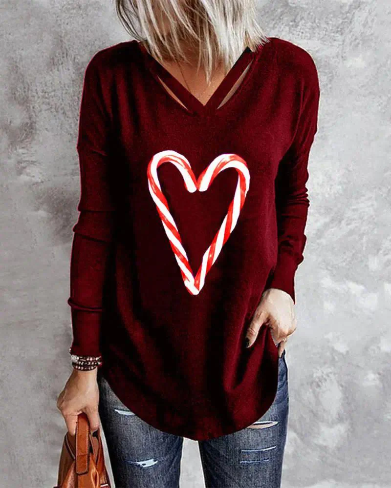 Women's Heart Print Long Sleeve Top