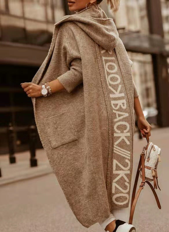 Casual Hooded Print Long Knit Cardigan Coat with Pockets