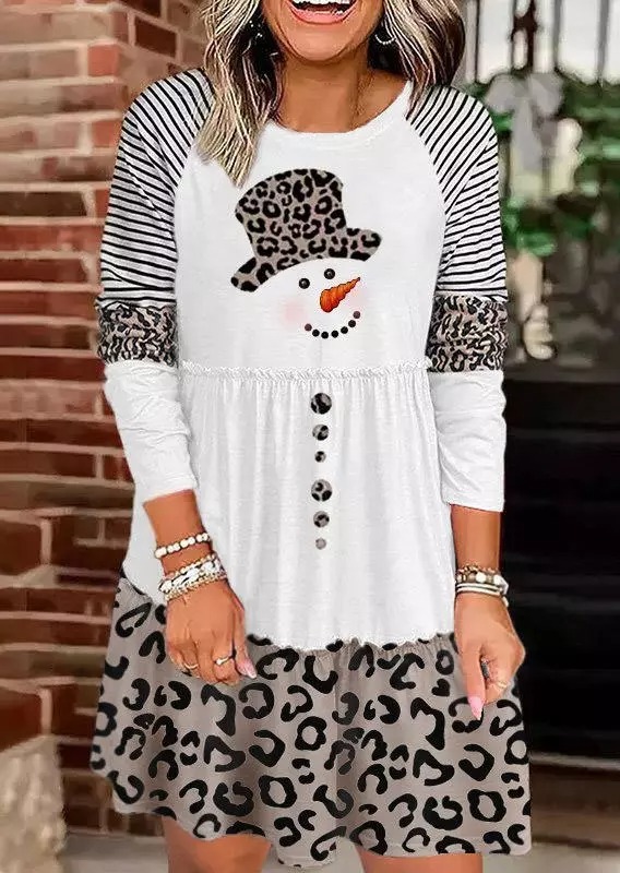 Christmas Leopard Striped Snowman Mini Dress