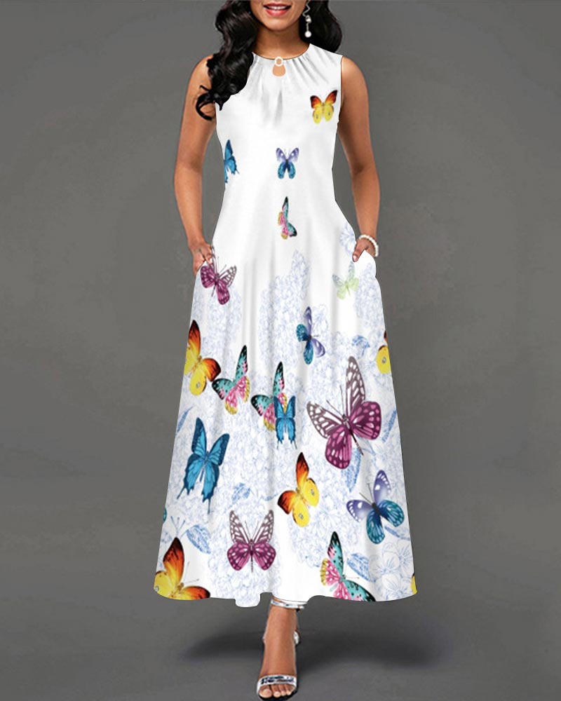 Ladies Butterfly Print Round Neck Elegant Dress
