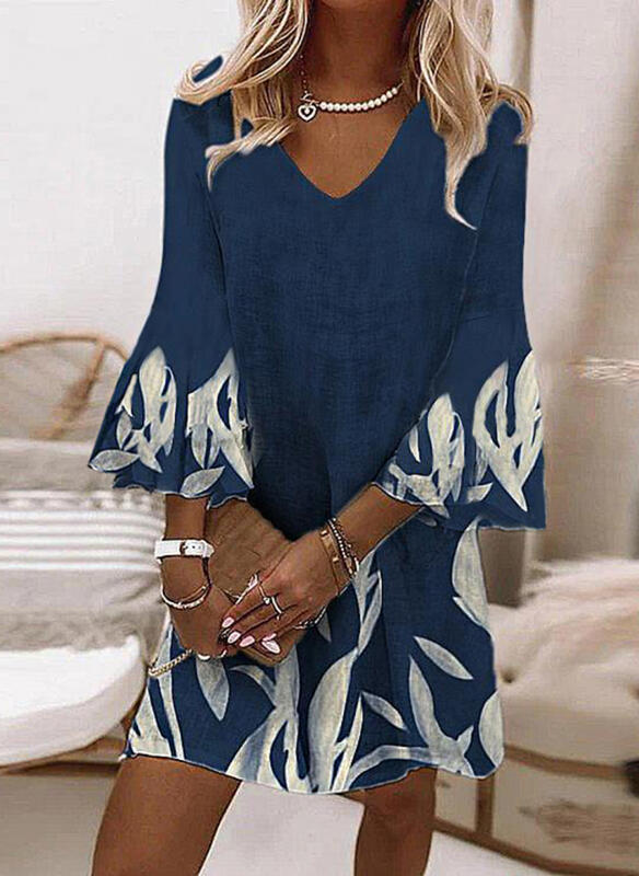 Printed Bell Sleeve Casual Tunic Dress