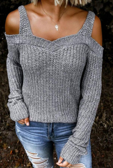 Women's Off-The-Shoulder Casual Long Sleeved Knit Sweater