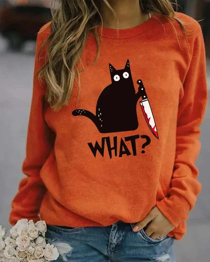 Halloween Letter Cat Print Casual Sweatshirt
