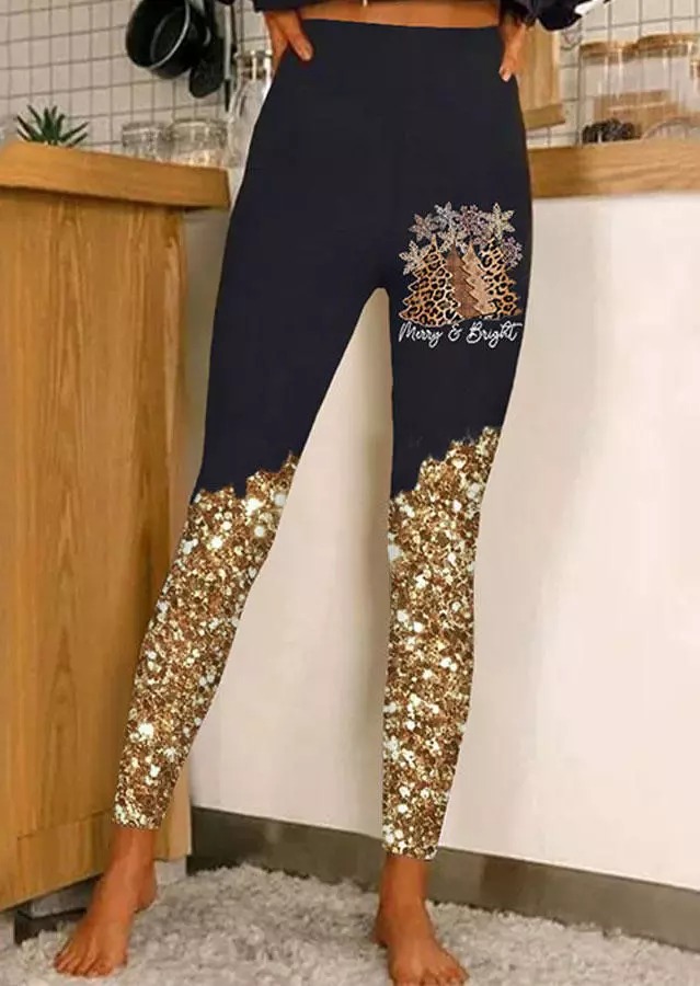 Christmas Merry And Bright Leopard Tree Snowflake Glitter Leggings