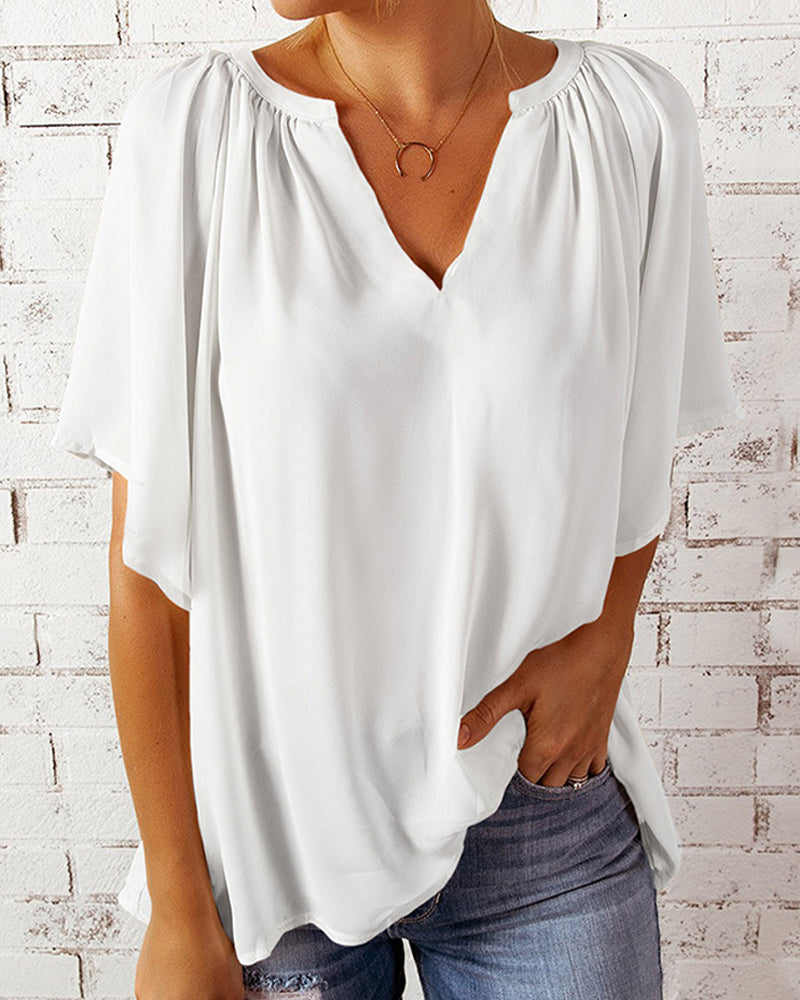 Women's Solid V-Neck Loose Half Sleeve Blouses Top