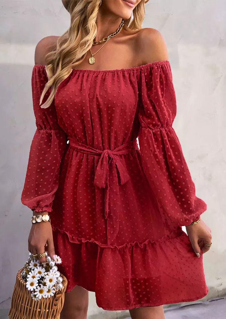 Dotted Swiss Ruffled Off Shoulder Mini Dress - Red
