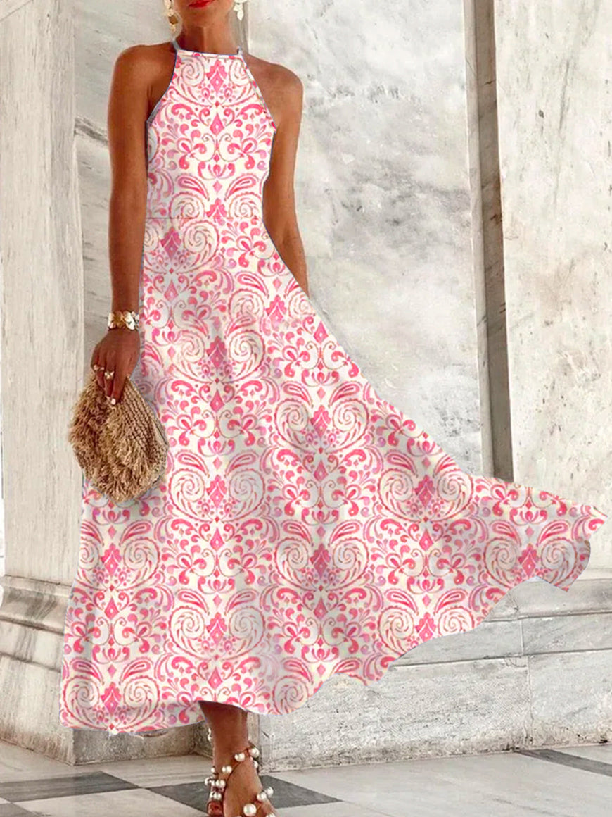 Women's Sleeveless Tribal Floral Printing Strap Halterneck Maxi Dresses