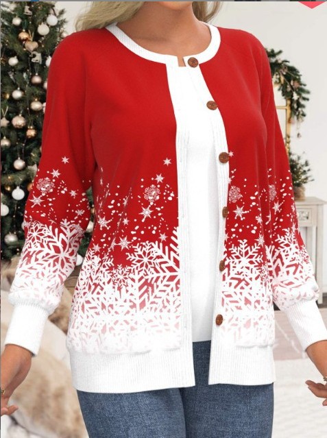 Christmas Fashion Print Cardigan High Neck Long Sleeve Sweatshirt