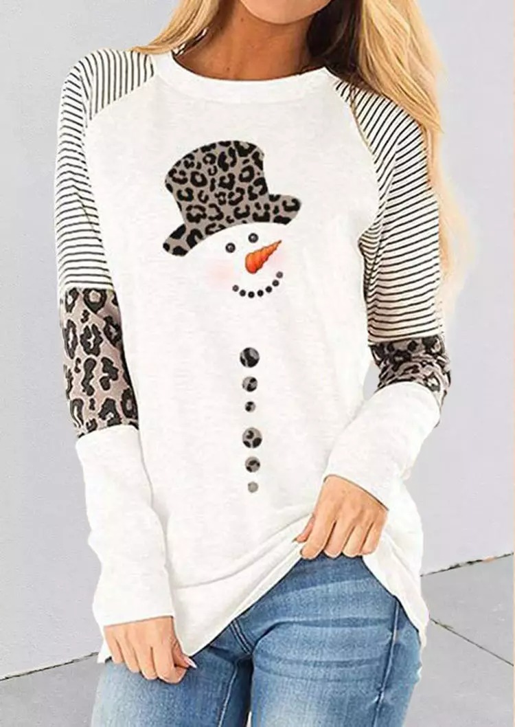 Christmas Snowman Striped Leopard T-Shirt Tee - White
