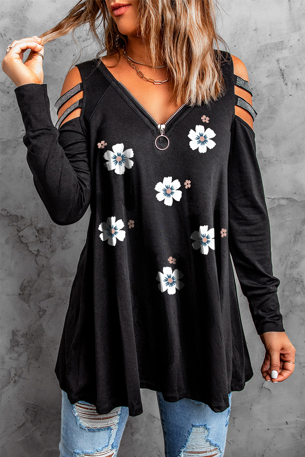 Black Floral Casual Long Sleeve Blouses