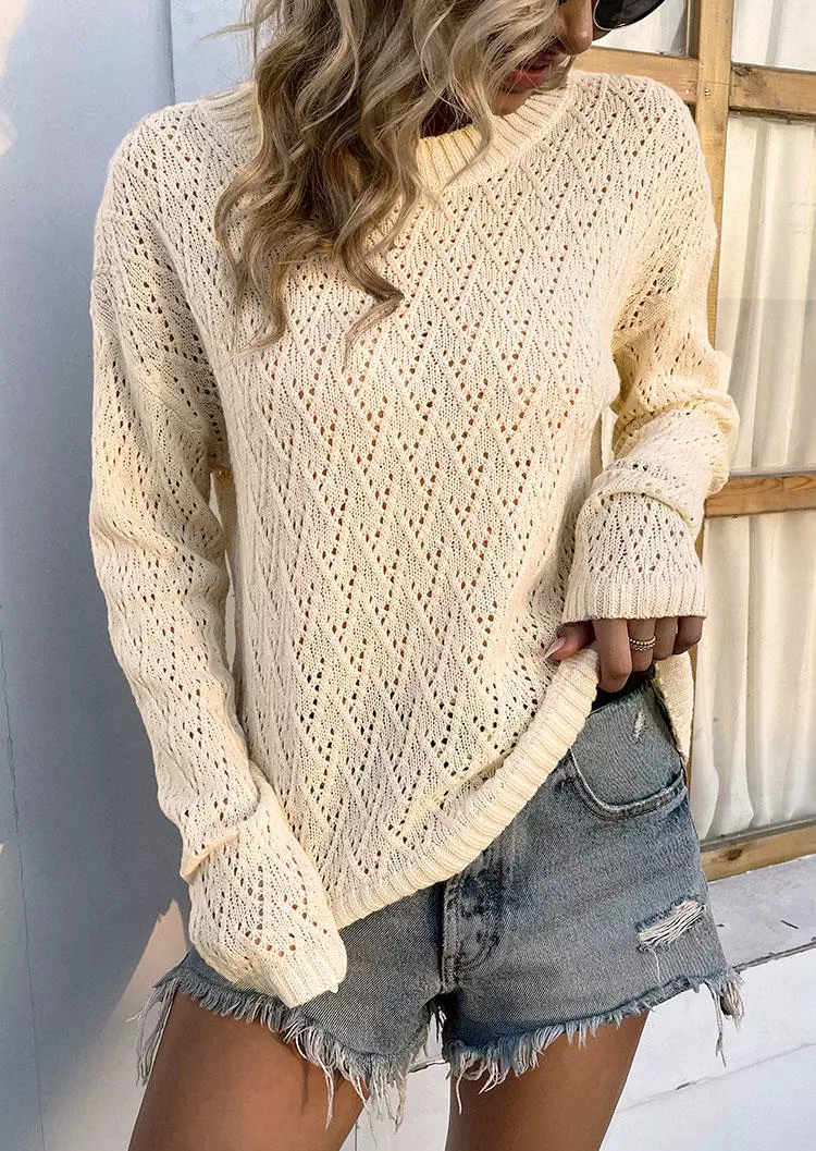 Hollow Out Long Sleeve Pullover Sweater - Beige